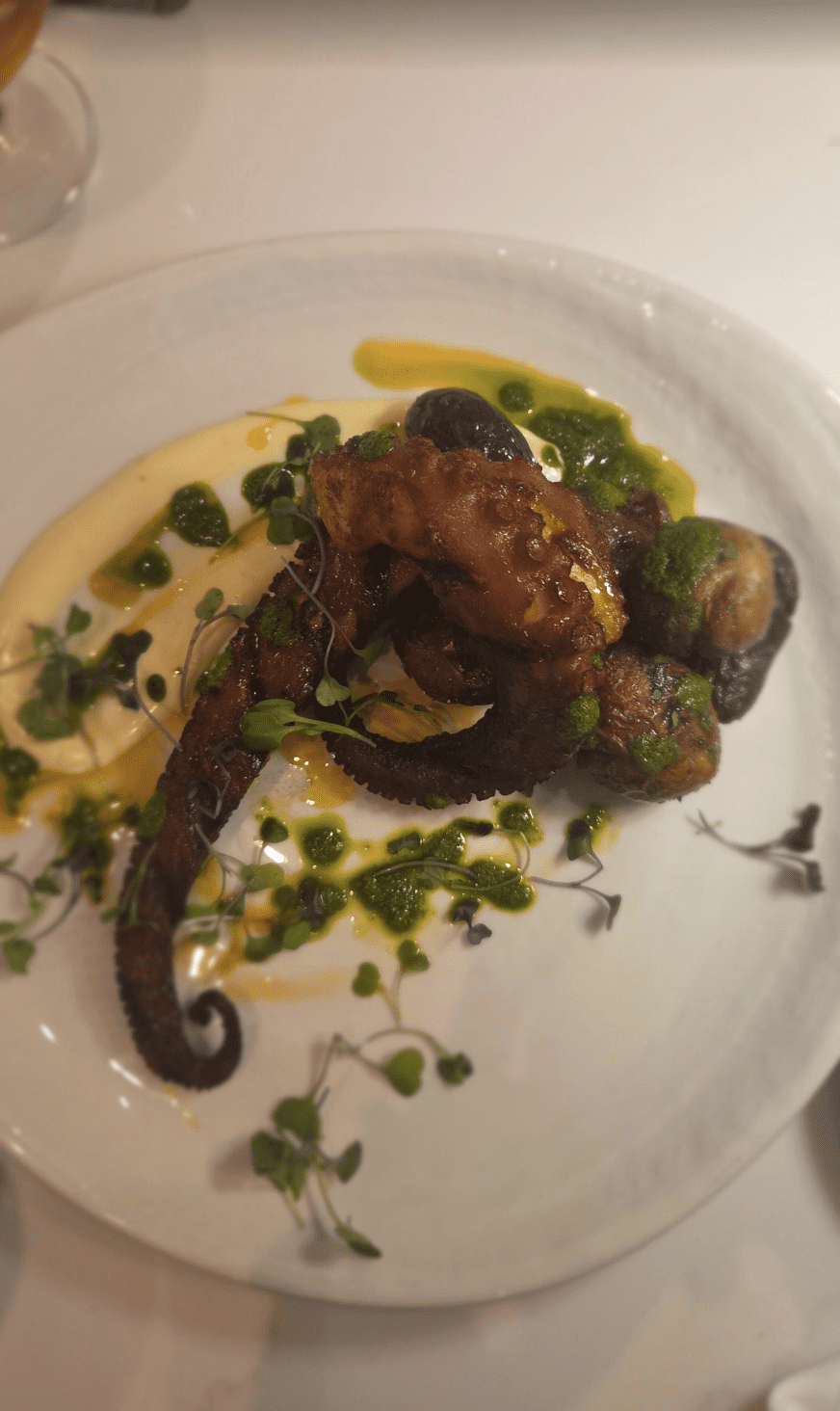 Grilled octopus served with creamy puree, herbs, and green sauce on a white plate.